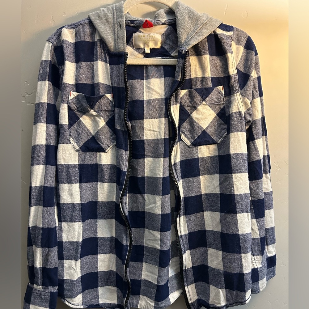 Boys Blue & White plaid long sleeve hooded zip up shirt size small - Picture 1 of 3